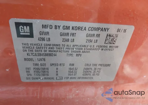 2016 Chevrolet Trax Lt from USA, damaged, VIN KL7CJLSB4GB690244